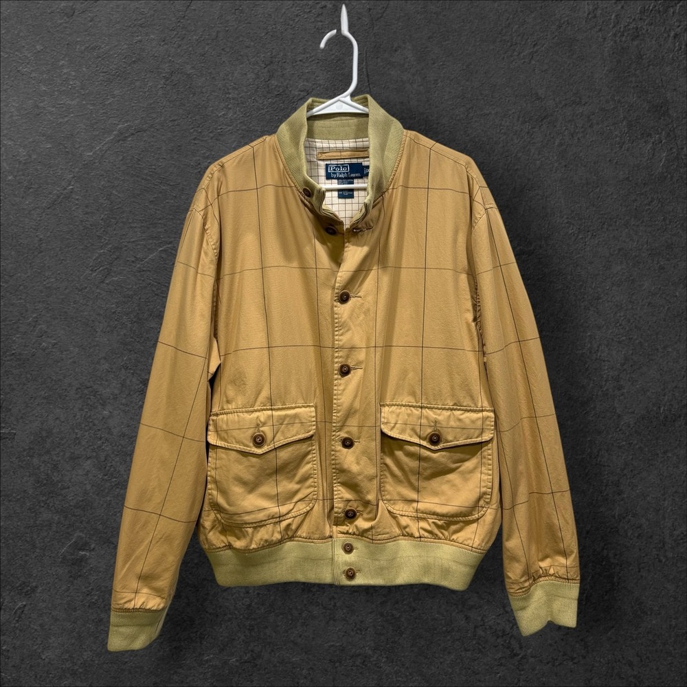 Polo Ralph Lauren Mens XL Tan Windowpane Cotton  Bomber‎ Jacket Button